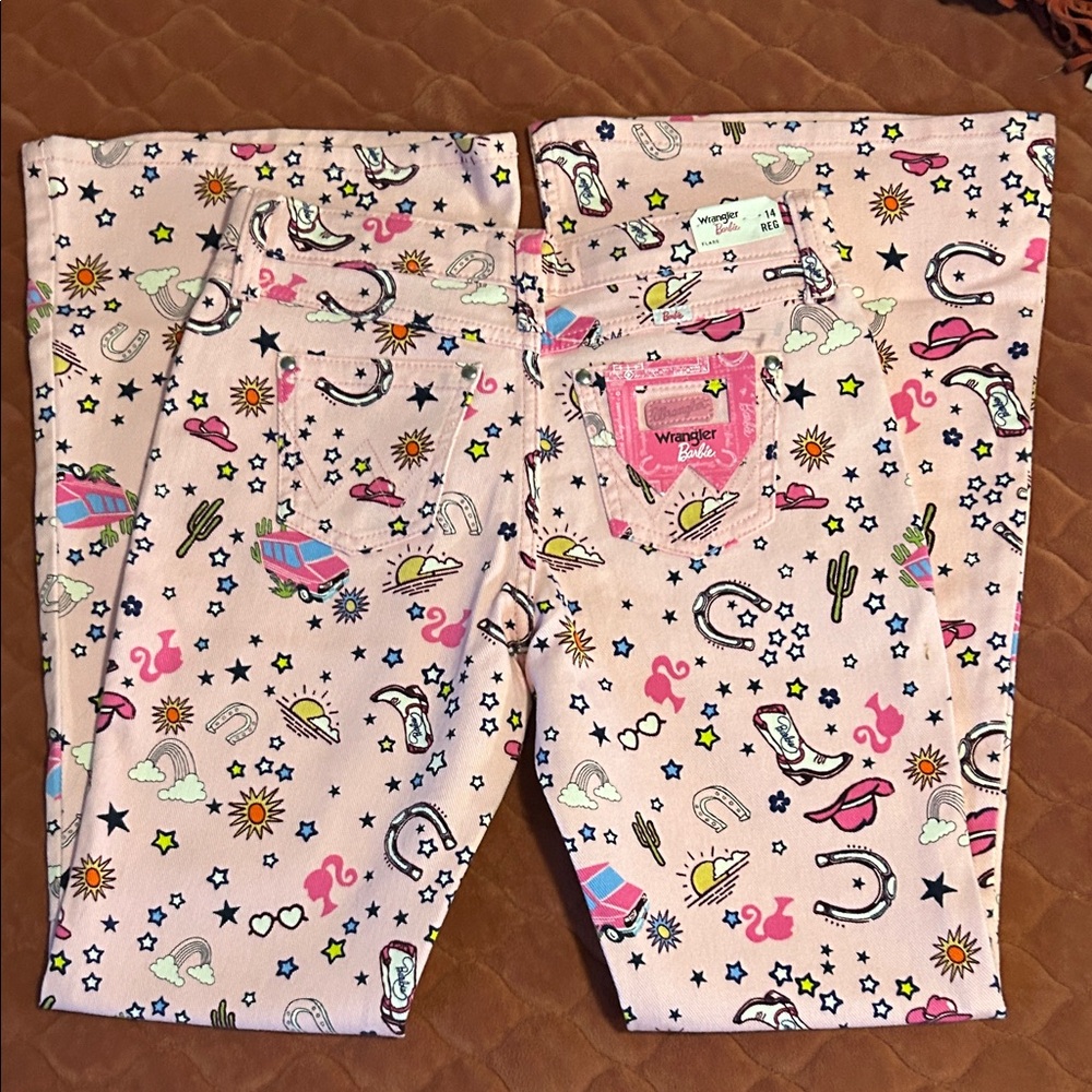 NWT Barbie Wrangler Pink Jeans with Fun Prints size 14